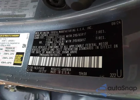 2024 Toyota Corolla Cross L z USA, uszkodzony, nr VIN 7MUAAABG1RV108371